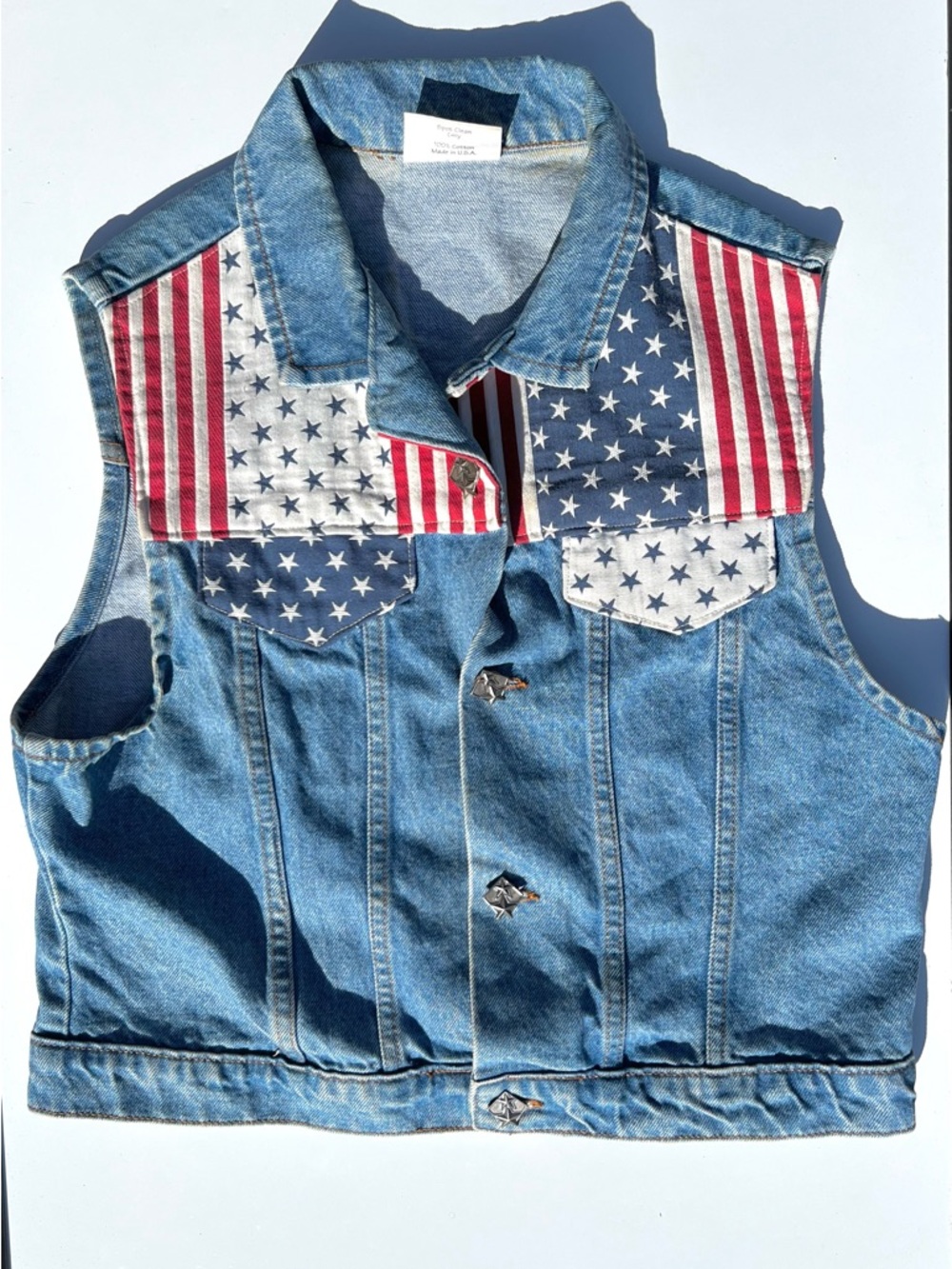 Vintage Denim Jean Vest Size XL Blue Retro Boho Cottage Patchwork American Flag